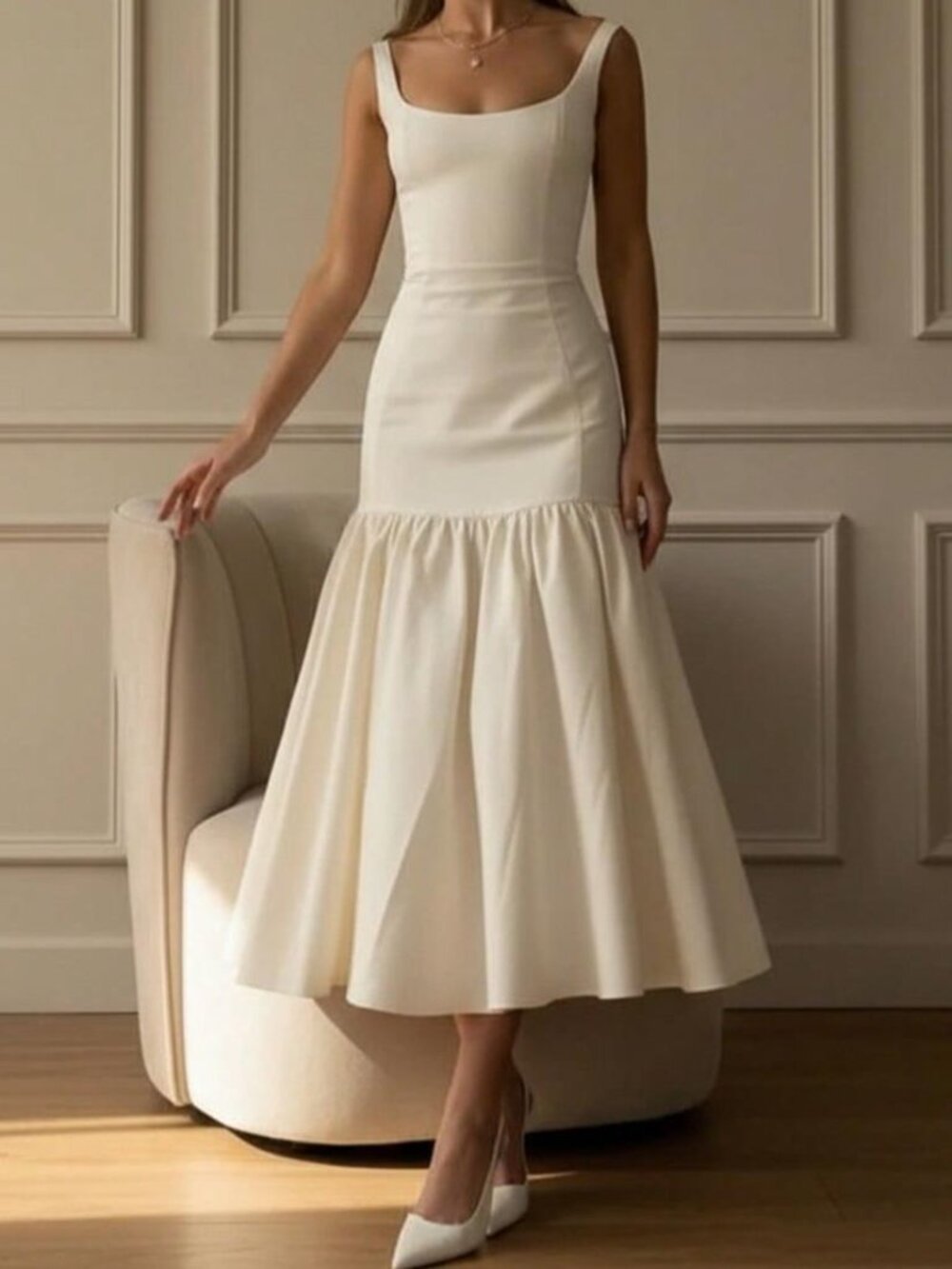 NEW - Elegant White Mermaid Maxi Dress Minimalist Old Money Style
